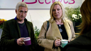 Steve and Sandra enjoy a cup of tea in a flower shop